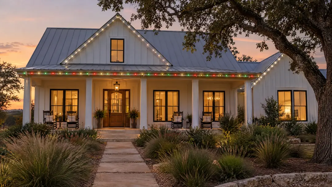 A white farmhouse at dusk with warm white LED pods along the rooflines and red, green and gold pods along the porch.