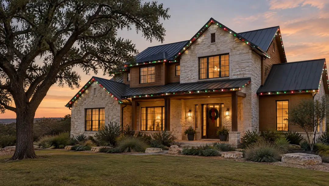 A two-story limestone home at dusk with a slim black track of red and green LED pods along every roofline, a wreath on the door.