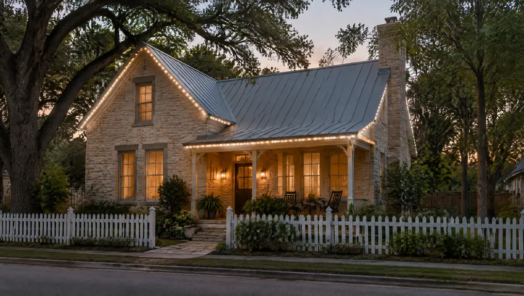 A limestone cottage with a tin roof and a picket fence at dusk, a slim white track of warm white LED pods along its rooflines and porch.