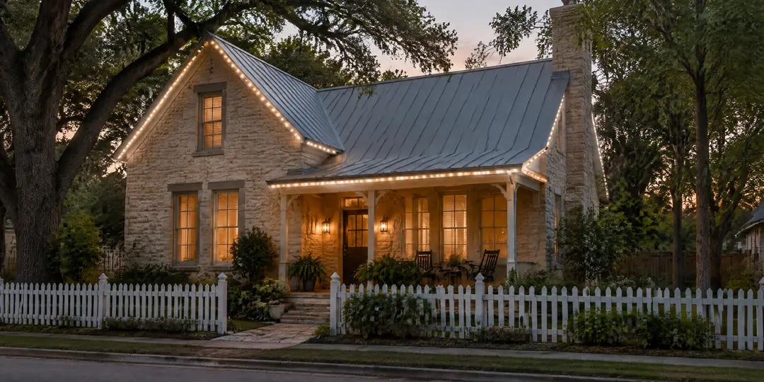 A limestone cottage with a tin roof and a picket fence at dusk, a slim white track of warm white LED pods along its rooflines and porch.