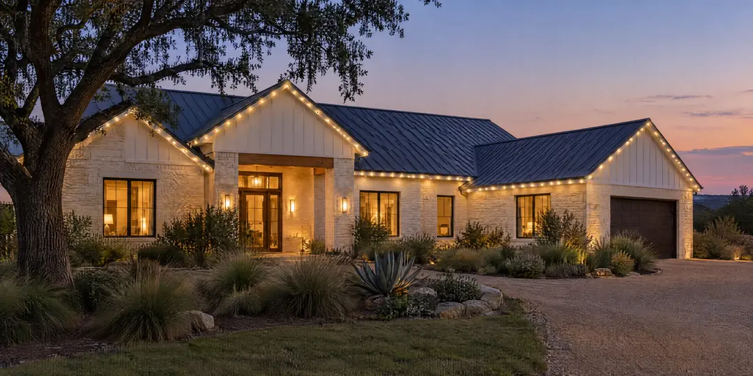 A limestone home at dusk with a slim white track along every roofline, lit by small, evenly spaced warm white LED pods.