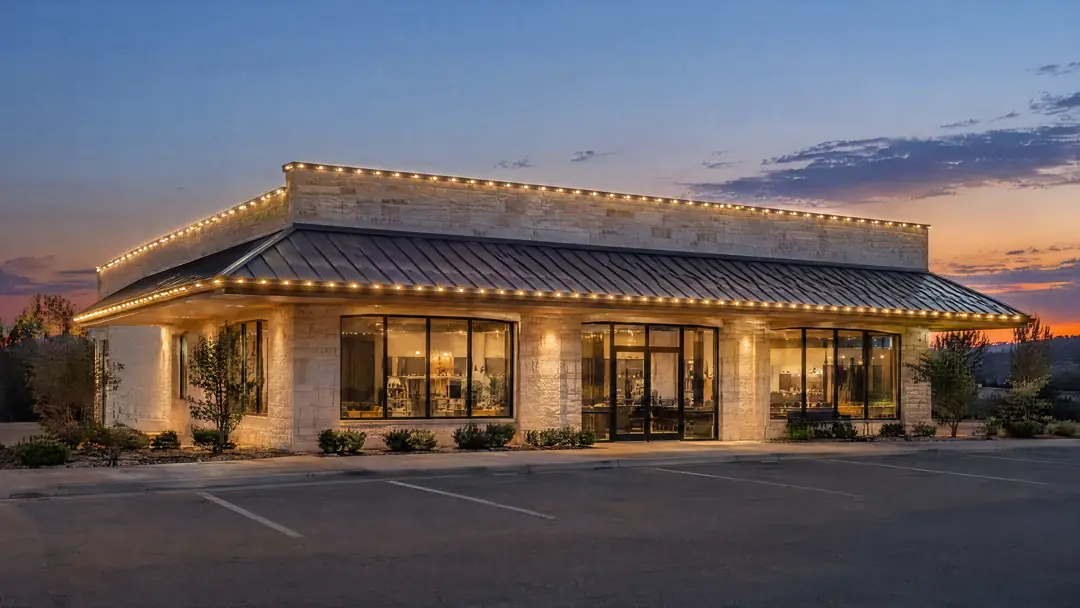 A limestone retail building at dusk with a slim track of small warm white LED pods along the parapet, the roof edge and the canopy, and the shop lit inside.