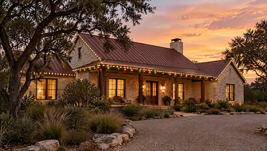 A limestone ranch house with a metal roof at dusk, warm white LED pods along its rooflines and red and green pods along the porch.