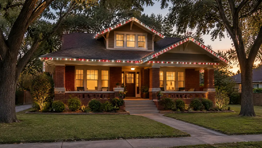 A brick craftsman bungalow under pecan trees at dusk, its rooflines lit in a red and white pattern of small LED pods.