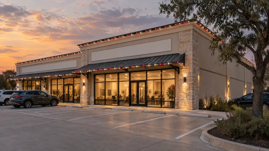 A limestone retail building at dusk with a slim track of small warm white and red LED pods along the parapet and awnings.