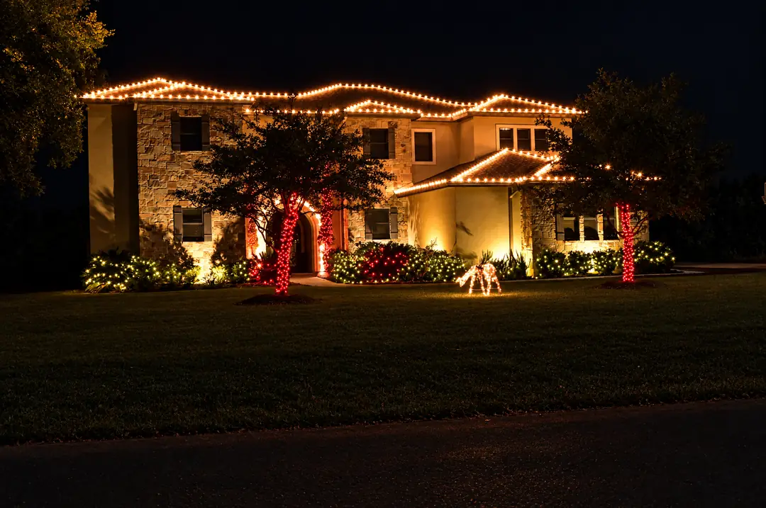 A two-story stone and stucco home at night, warm white lights tracing every roofline and gable, with lit shrubs along the front.